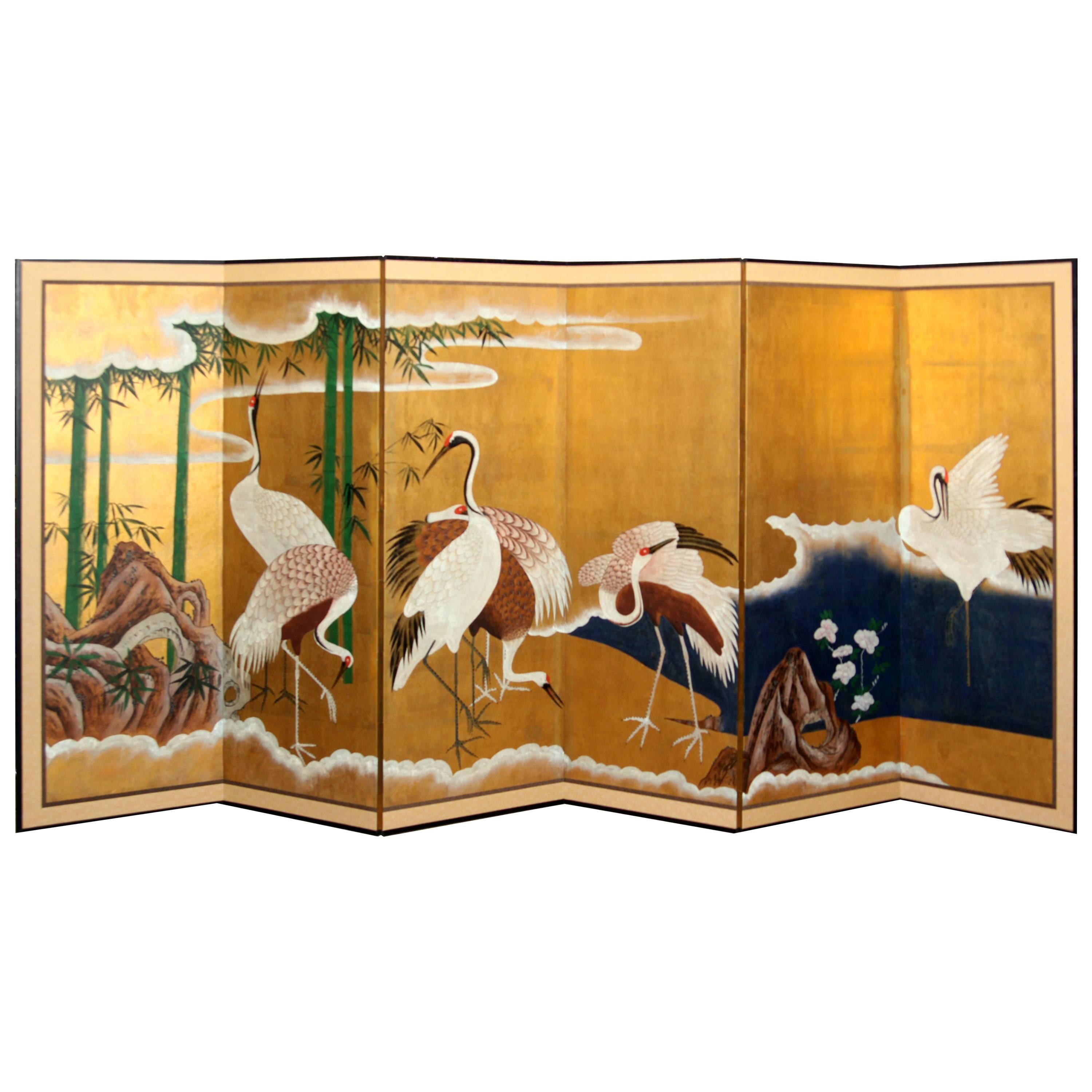 Hand-Painted Japanese Folding Screen Byobu Cranes Painting, Watercolor, Goldleaf