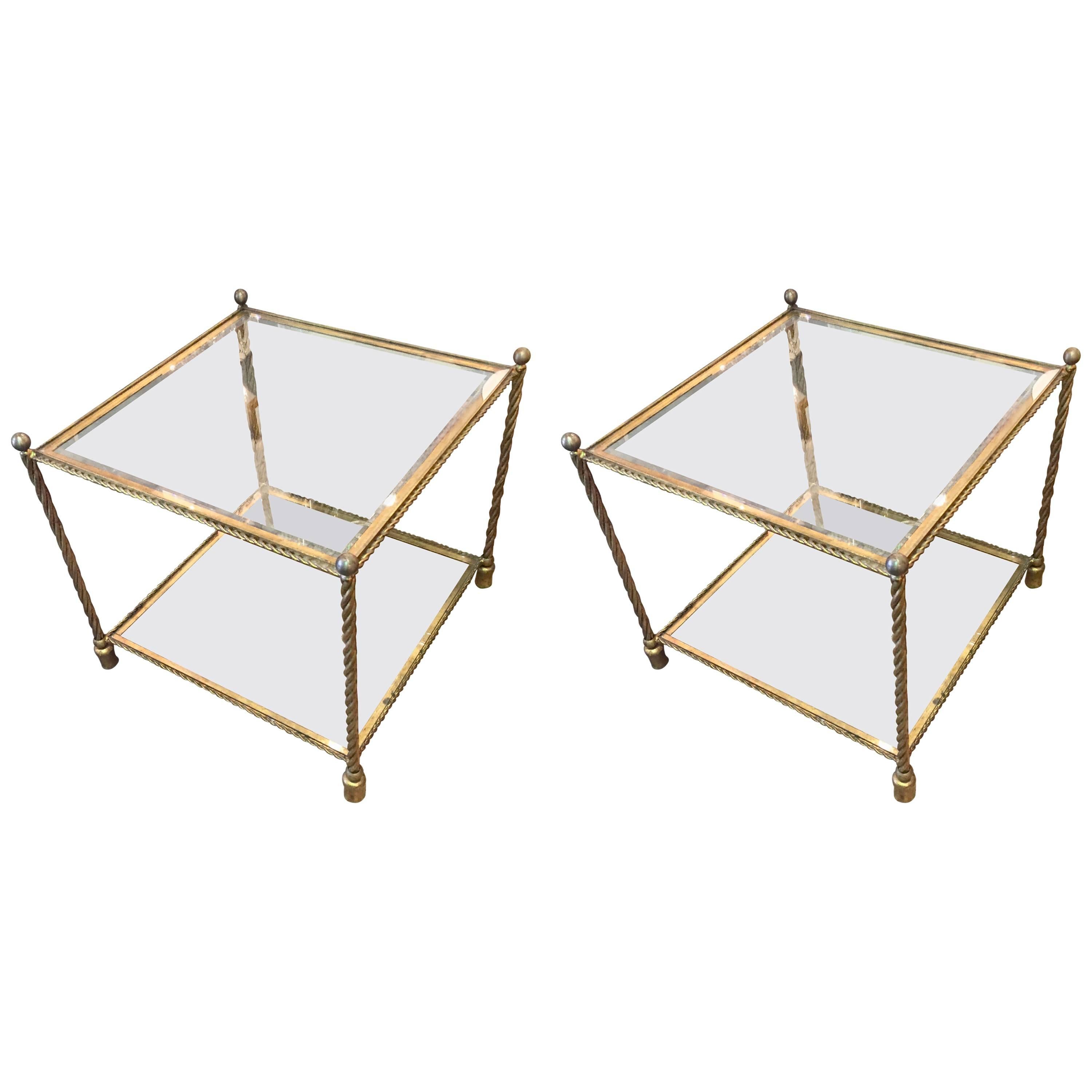 Pair of Brass and Glass Two-Tiered End Tables Attributed to Maison Jansen