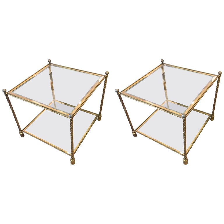 Pair of Brass and Glass TwoTiered End Tables Attributed to Maison