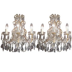 Pair of Mid-Century Italian Beaded Crystal Gilt Metal Three- Light Sconces Pair of Mid-Century Italian Beaded Crystal Gilt Metal Three- Light Sconces