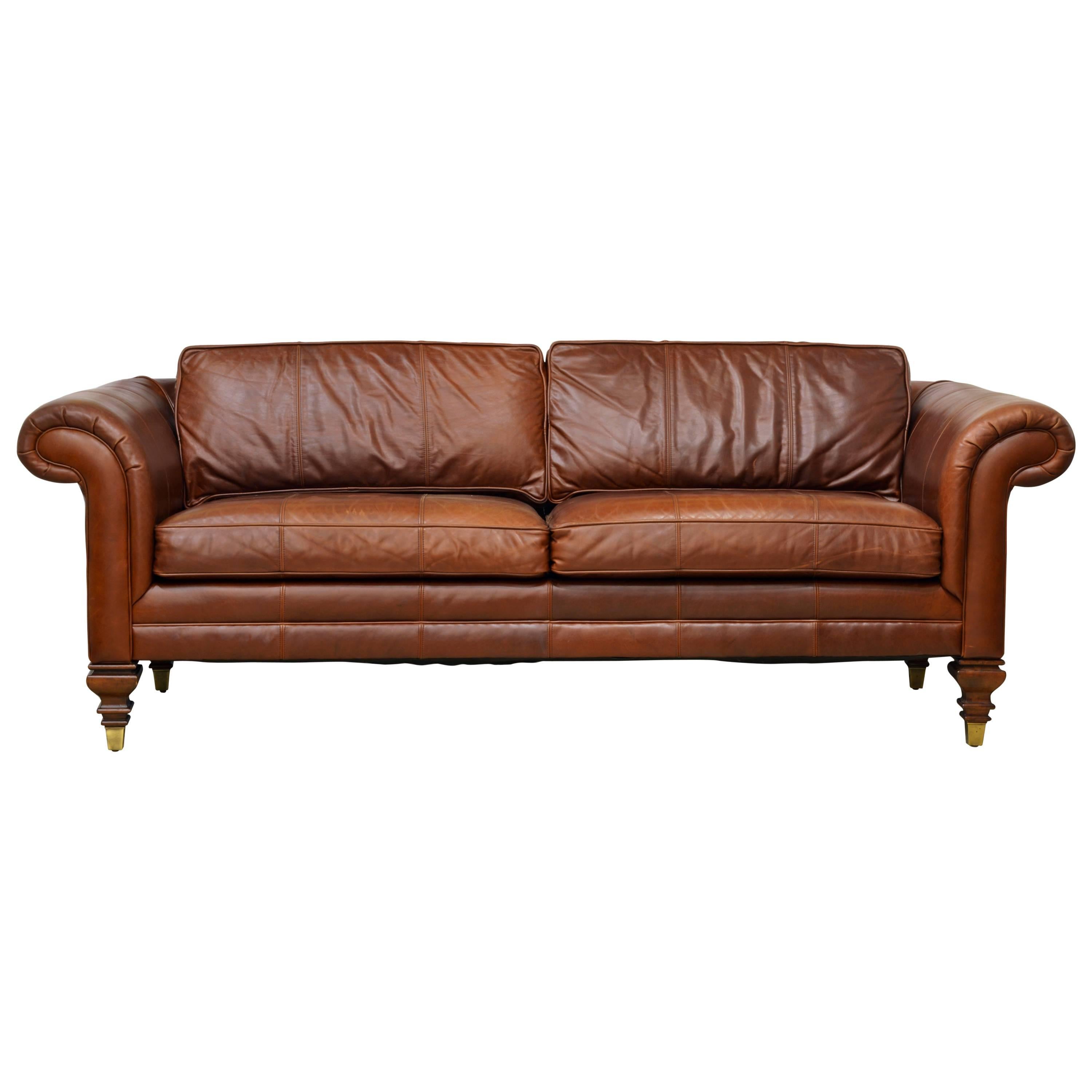 Vintage High Quality Colonial Style Ralph Lauren Leather Sofa with Rolled Arms