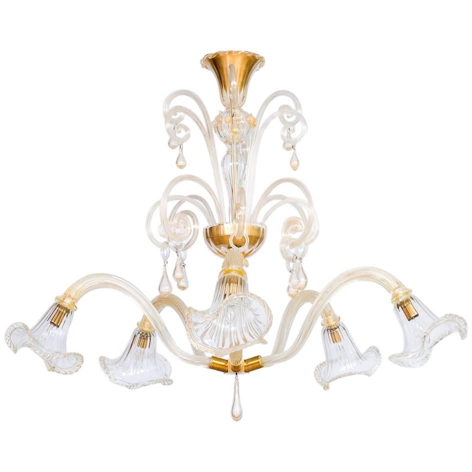 Italian Chandelier in Gold and Blown Murano Glass, Big Bells and Pendants 1970s