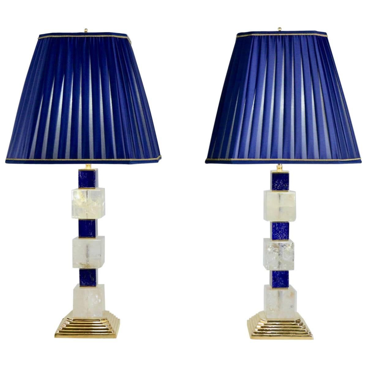 Exclusive Pair of Rock Crystal and Lapis Lazuli Lamps by Alexandre Vossion