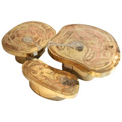 Set of Three Engraved Brass Coffee Tables by Emmanuel Jonckers