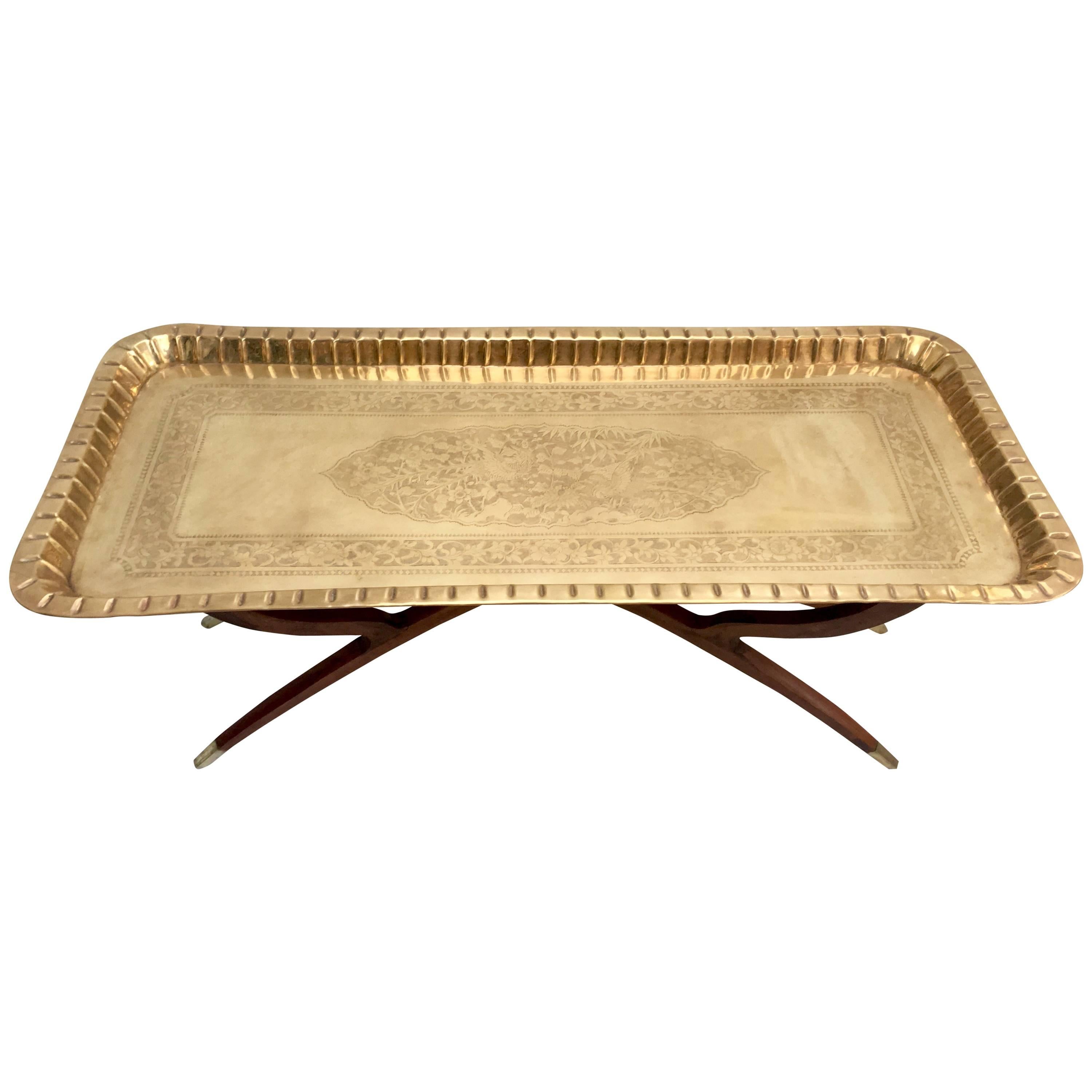 Mid-Century Moroccan Style Etched Brass and Mahogany Spider Table