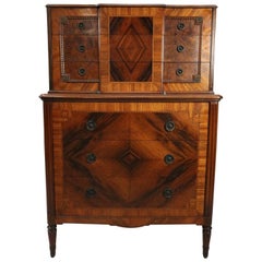 Antique Carved Flame Mahogany and Burl Parquetry Inlaid High Chest, circa 1920