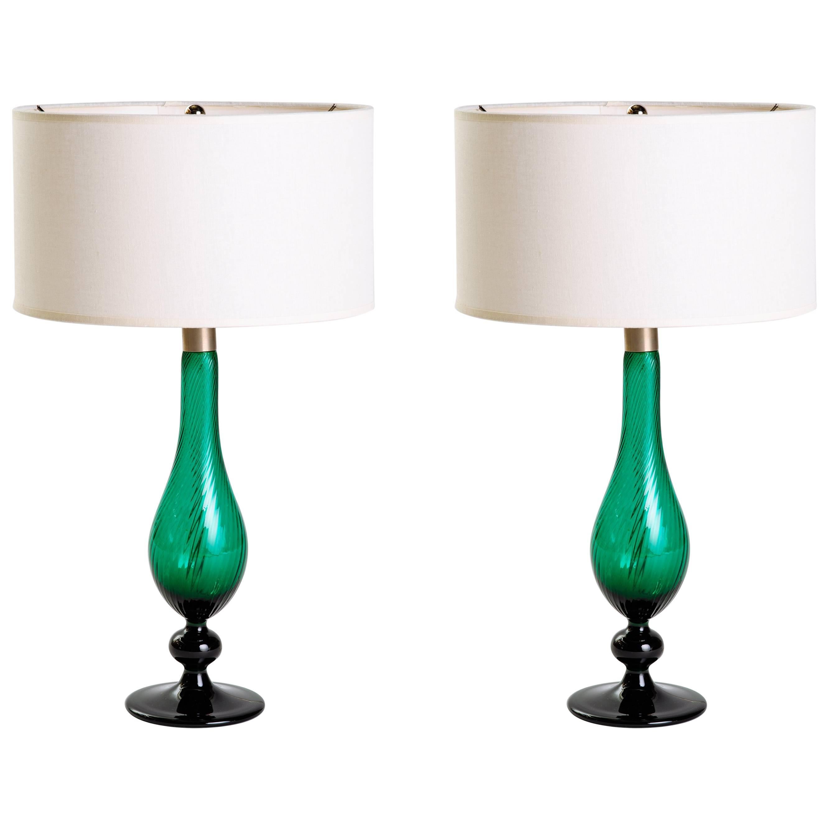 Pair of Mid-Century Modern Glass Lamps in Emerald Green by Royal Copenhagen