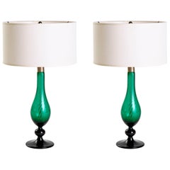 Pair of Mid-Century Modern Glass Lamps in Emerald Green by Royal Copenhagen