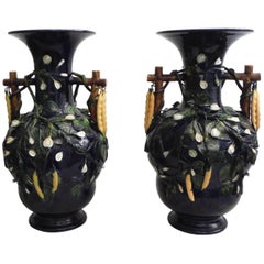 Vintage Rare Large French Pair of Majolica Palissy Beans Vases, circa 1880