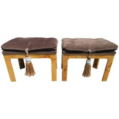 Stunning Pair of Milo Baughman Style Burl Olivewood Stool Bench, Mid-Century