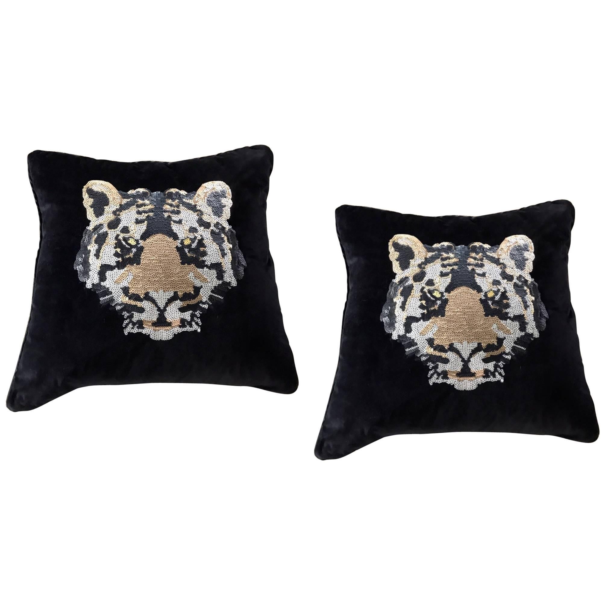 Pair of Luxe Black Velvet and Sequin Tiger Decorative Pillows