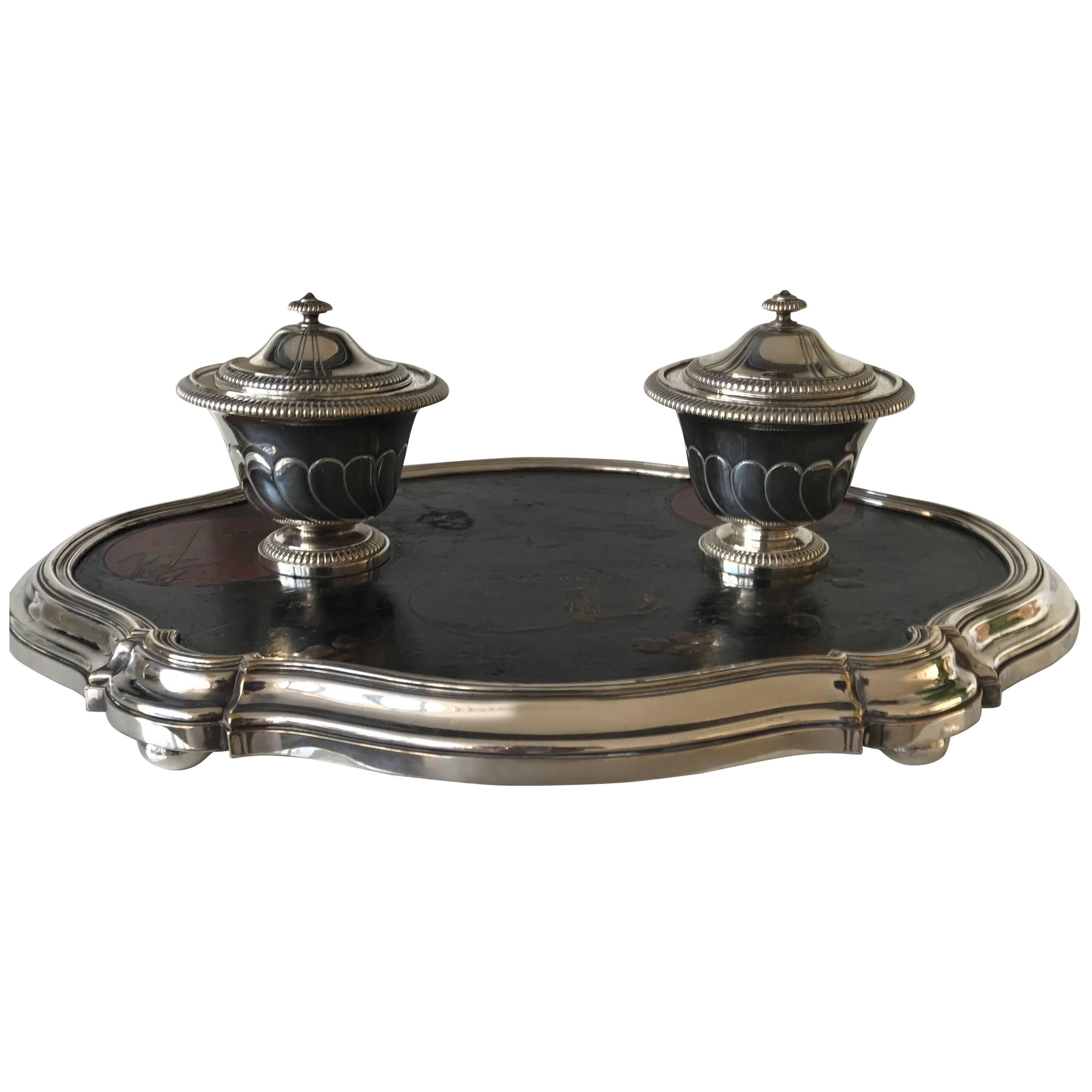 Shipping Free, 19th Century Silvered Bronze Inkstand Signed Boin Taburet, Paris For Sale