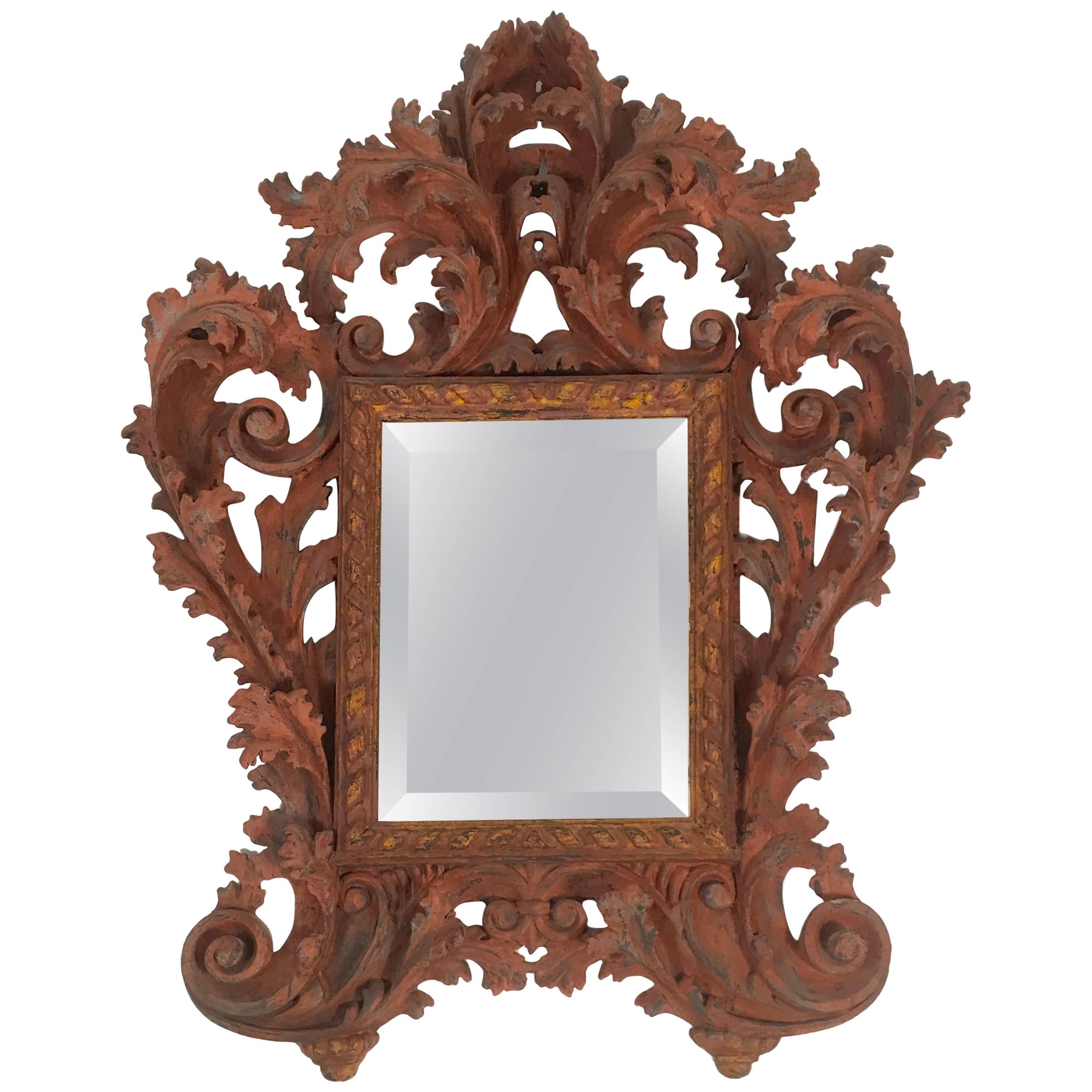 Italian Baroque Style Carved and Salmon Painted Wood  Mirror