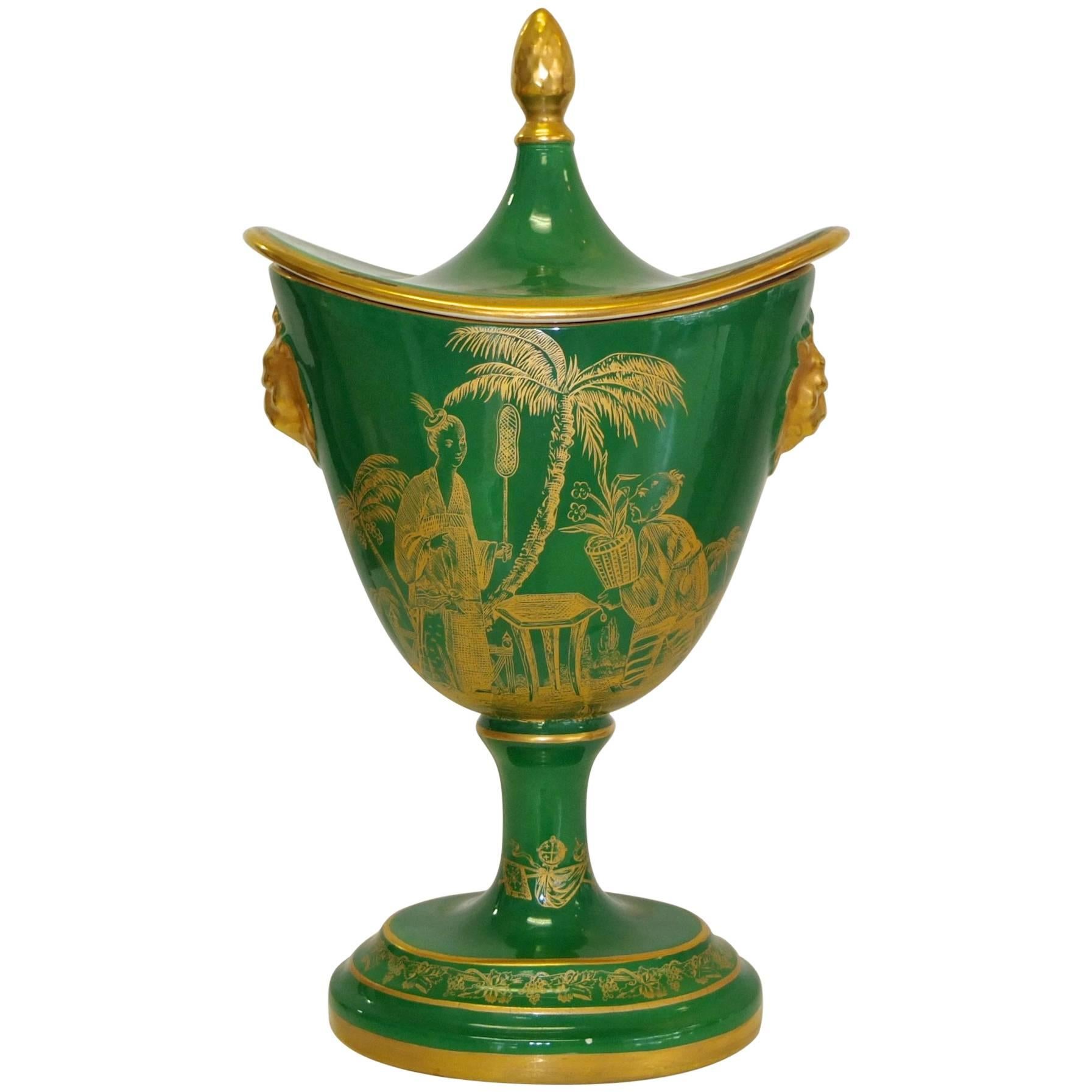 Mottahedeh Gold on Green Lidded Cachepot For Sale