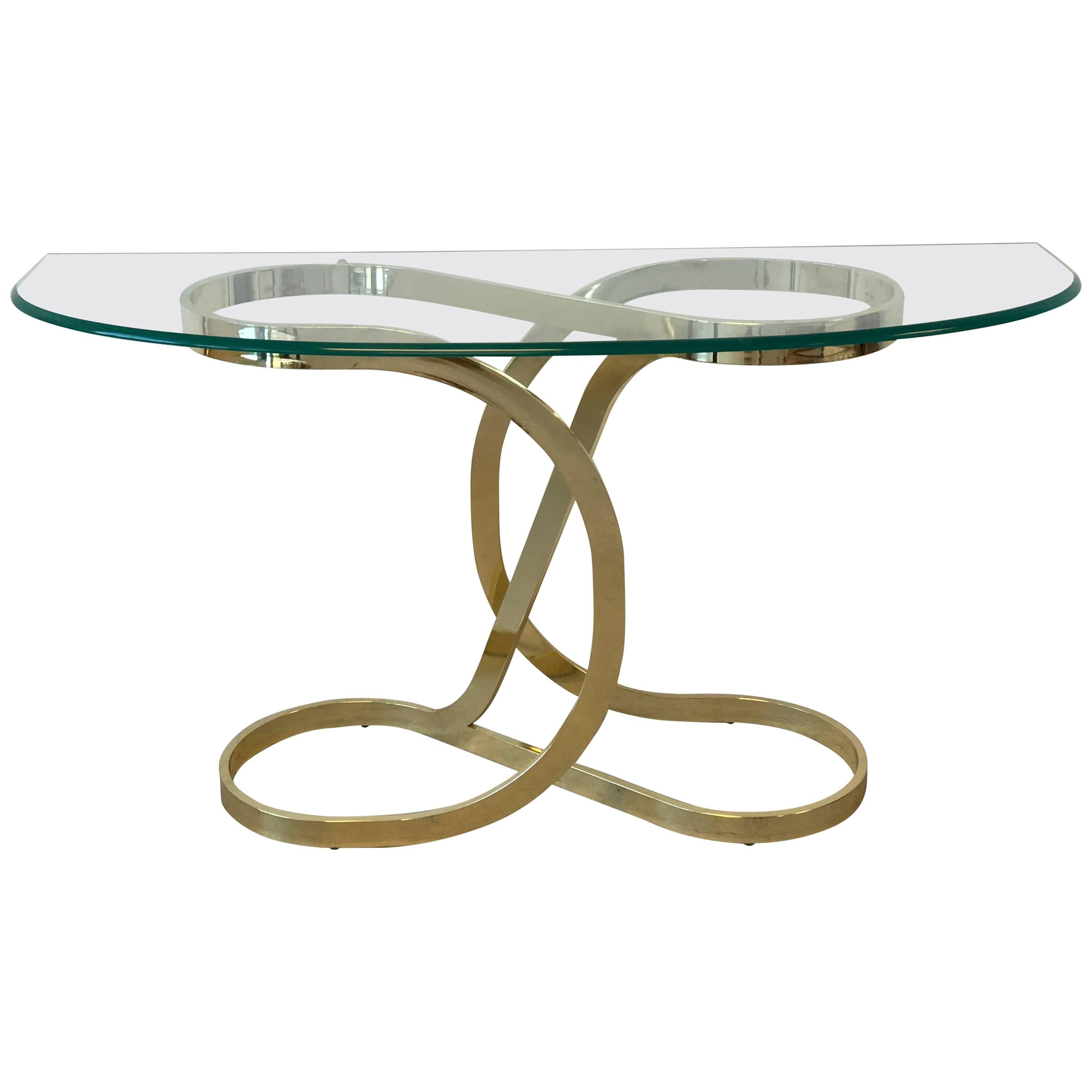 1970s Milo Baughman Style Brass Ribbon Console Table with Glass Top
