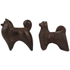 Pair of Mid-Century Modern Akita Dog Okimono Sculptures, Japan