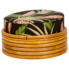 Vintage Round Rattan Ottoman, Barkcloth Cushion