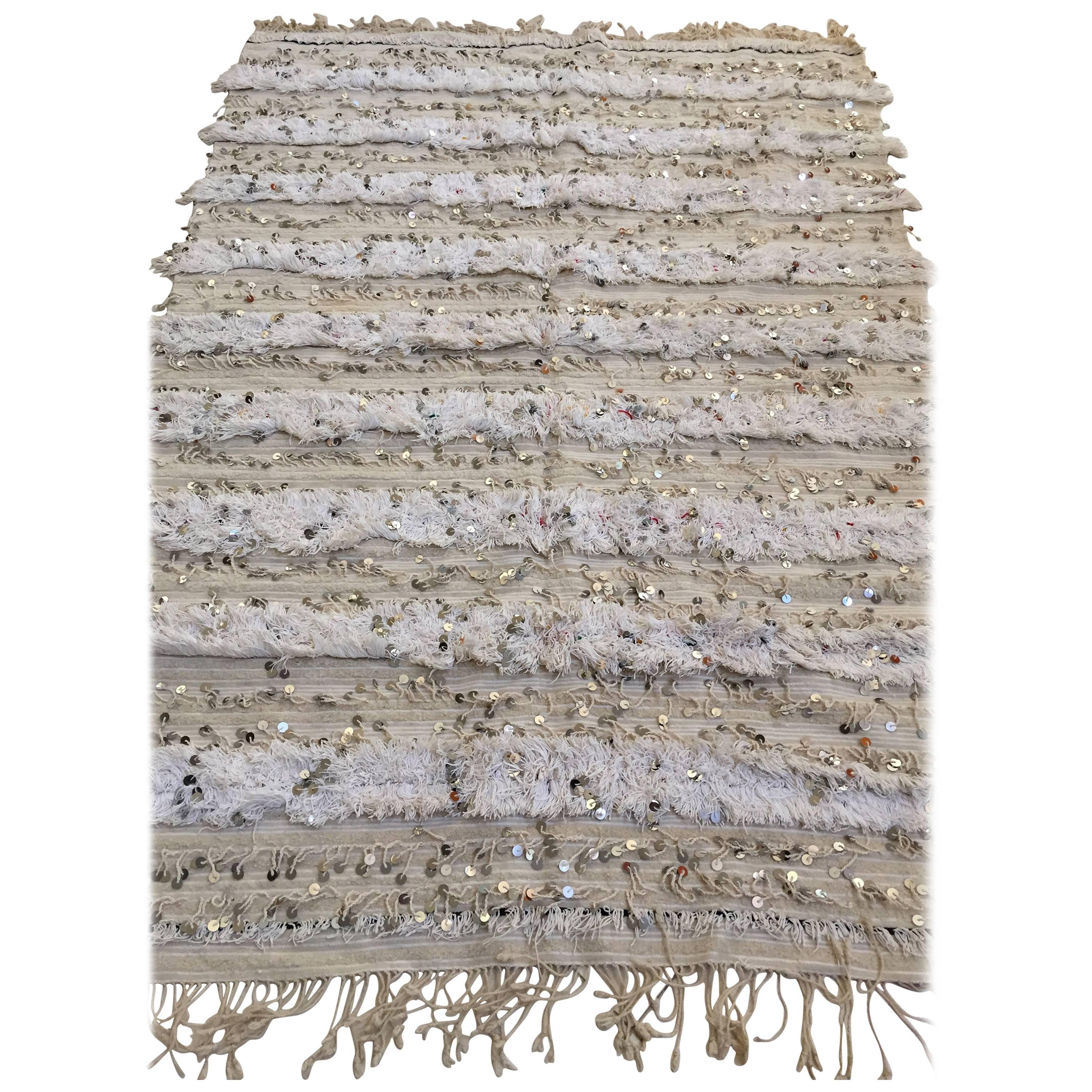 Moroccan Vintage Wedding Blanket with Silver Sequins and Long Fringes