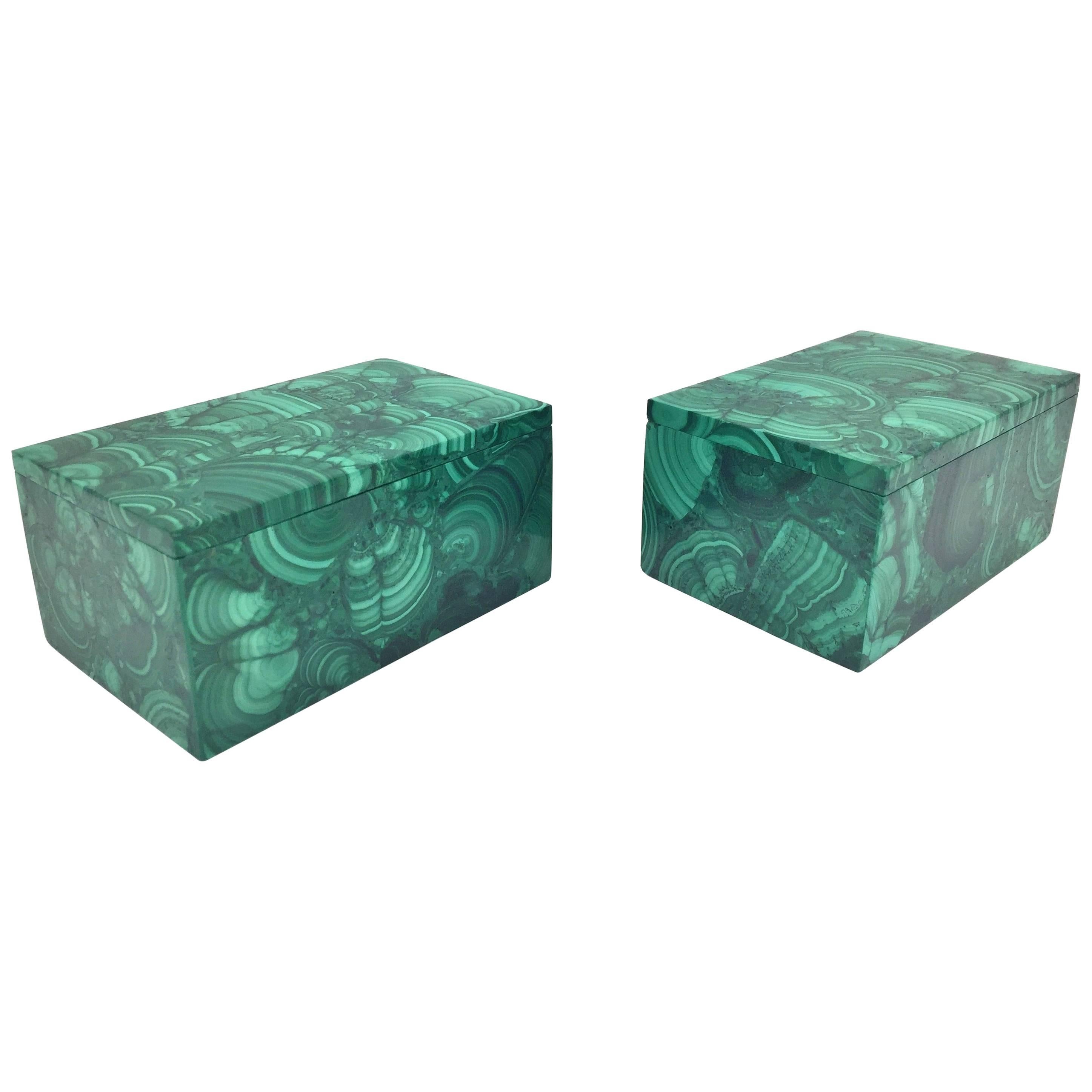 Pair of Natural Malachite Boxes, Handcrafted Jewelry Boxes