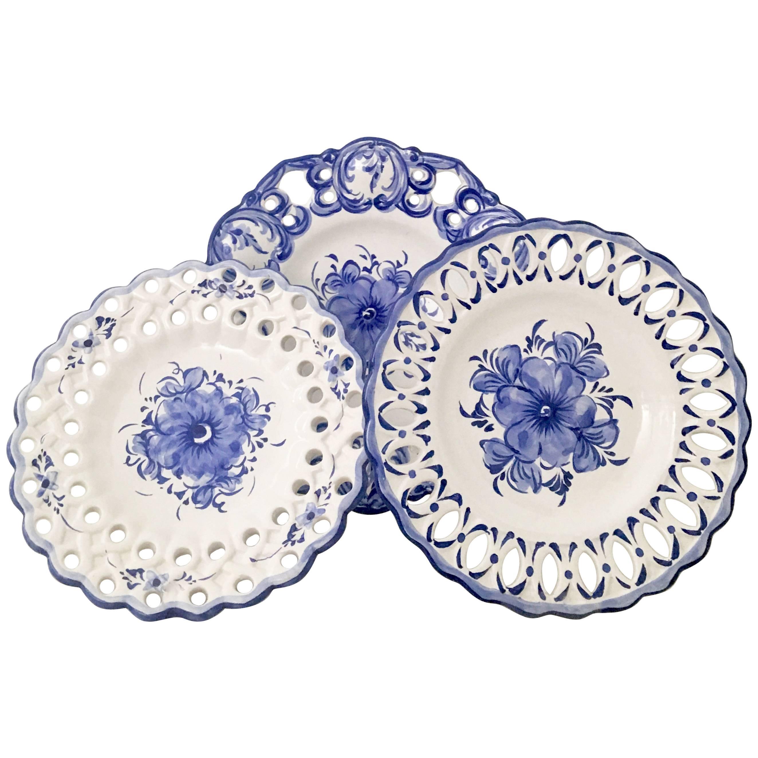 Set of Three Vintage Portugal Vestal Alcobaca Blue and White Wall Plate