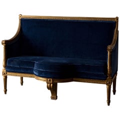 Settee French Louis XVI Period Gilded Blue Velvet