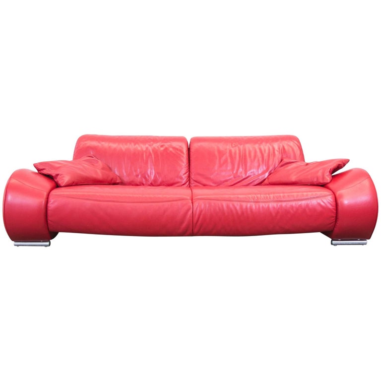 Hummel Designer Leather Sofa Red Three-Seat Couch Modern Function at 1stDibs