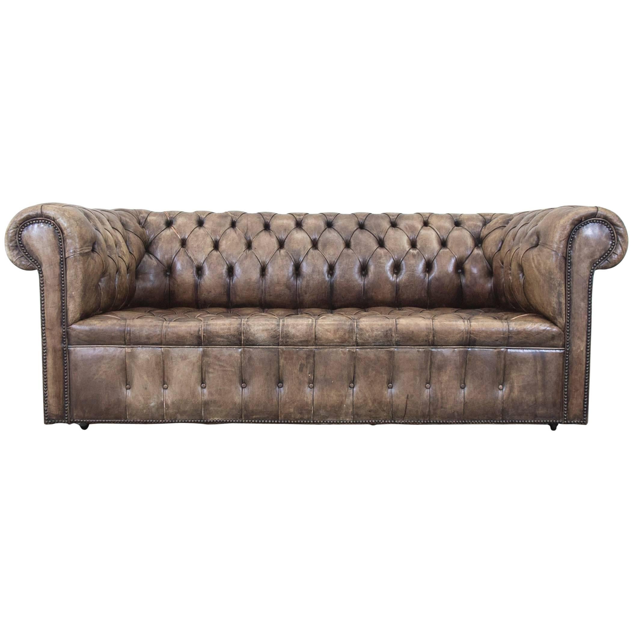 Chesterfield Sofa Brown Beige Leather Three-Seat Couch Vintage Retro For Sale