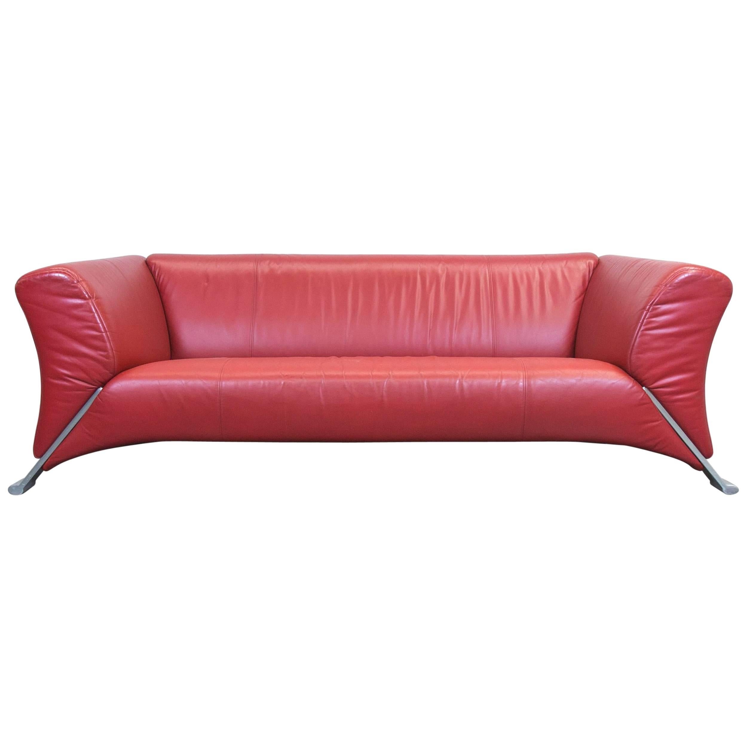 Rolf Benz 322 Designer Leather Sofa Red Three-Seat Couch Modern