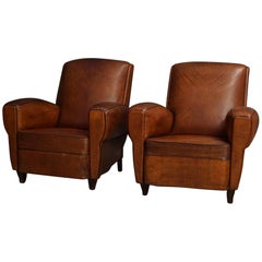 French Leather Club Chairs, 1940s, Set of 2