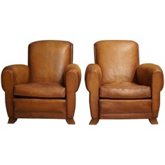 French Leather Club Chairs, 1940s, Set of Two