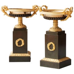 Pair of Restauration Period Gilt and Patinated Bronze Tazza Urns