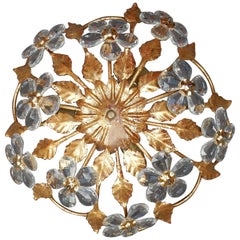 1970 Golden Iron Ceiling Light and Crystal in the Style of Maison Bagués