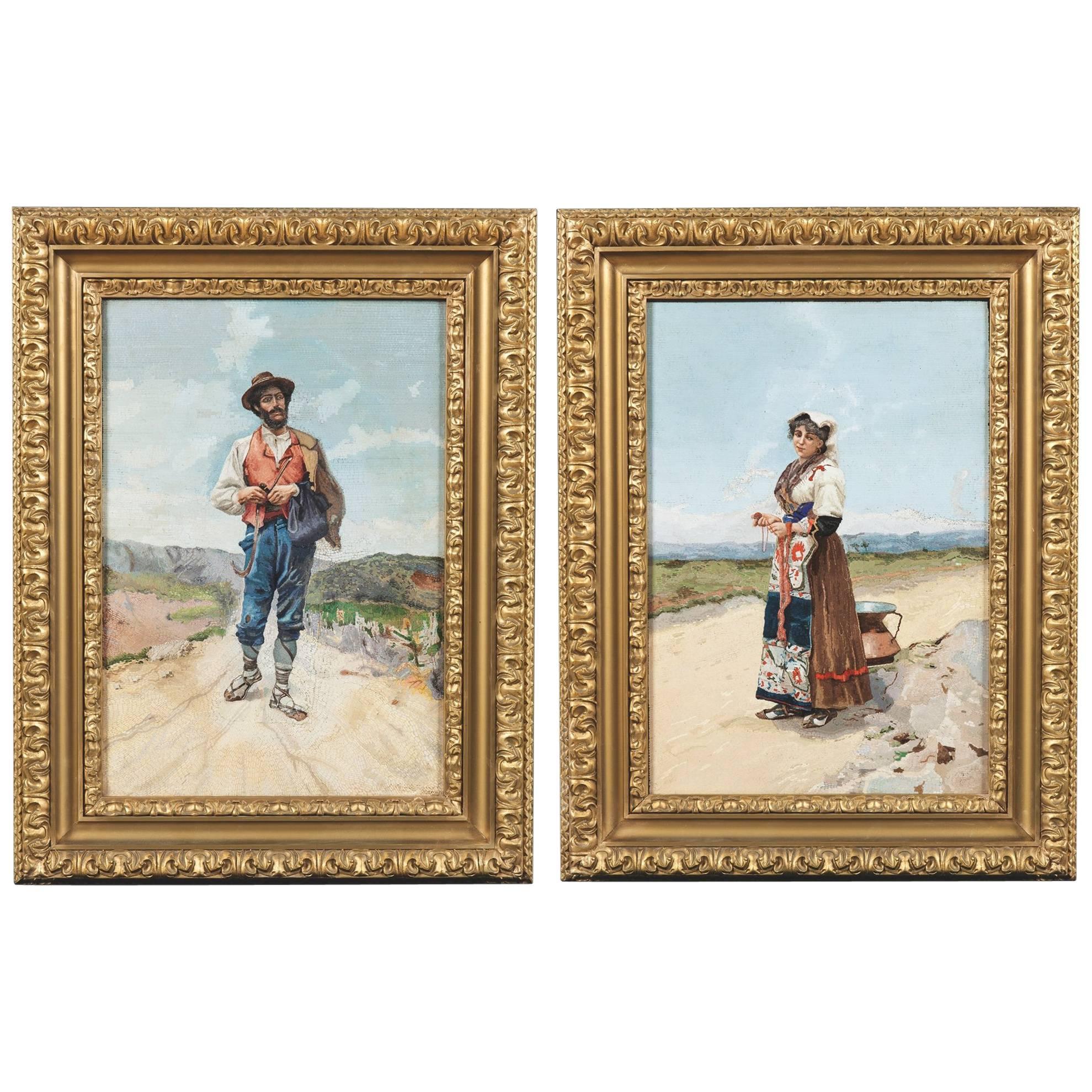Pareja de retratos italianos de micromosaico artesanal