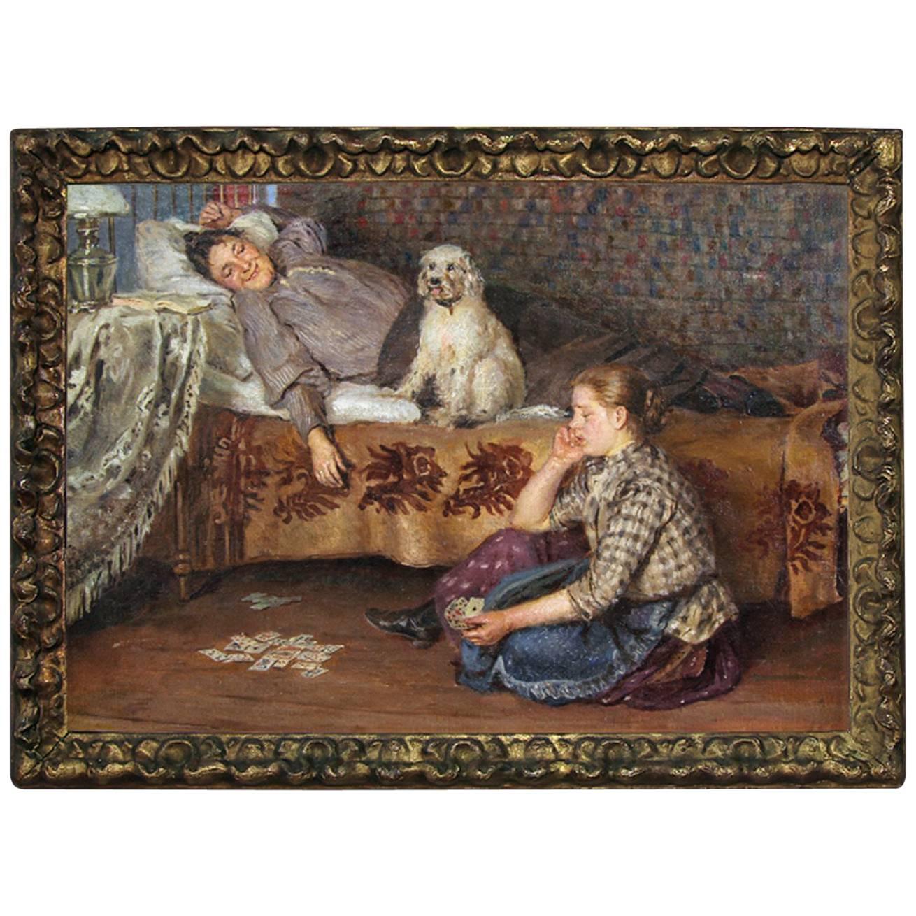 Antique Russian Master Painting, Young Girl with Dog For Sale