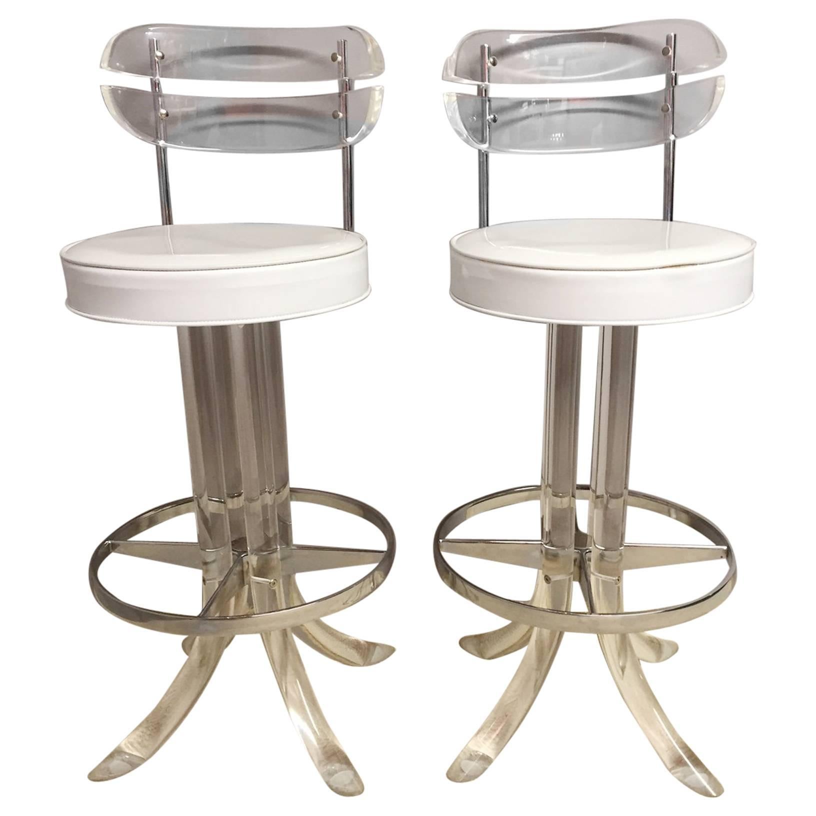 Glamorous Pair of Lucite, Chrome and Patent Leather Bar Stools