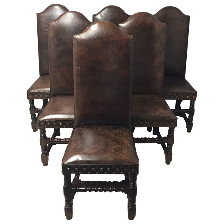 Set of Six Very Handsome Distressed Leather and Walnut Dining Chairs at 1stDibs distressed