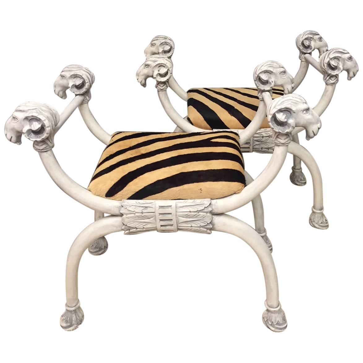 Dramatic Pair of Ram's Head Benches with Printed Cowhide Zebra Motife Seats