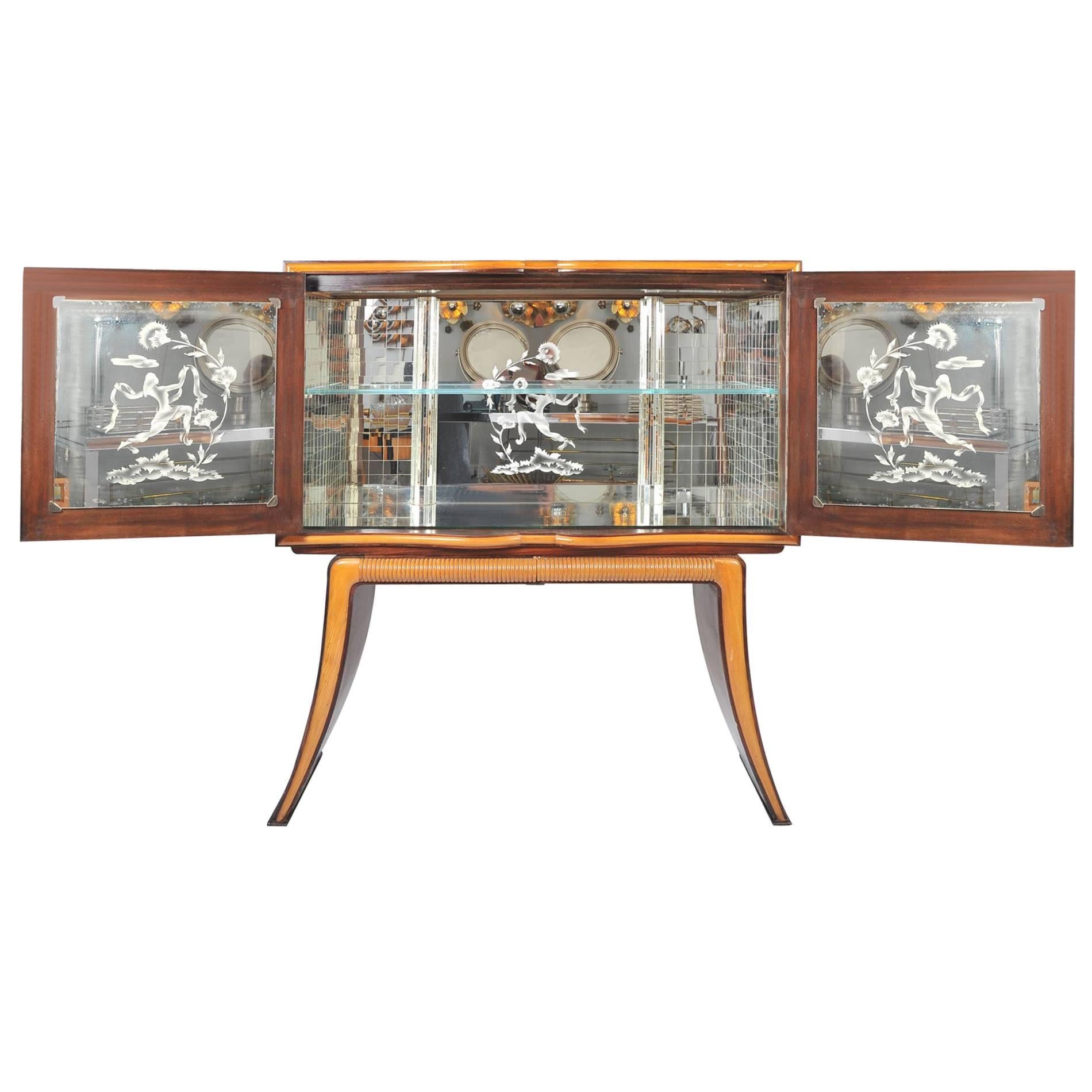 1950s Mahogany Drinks Cabinet with Mirrors by Paolo Buffa