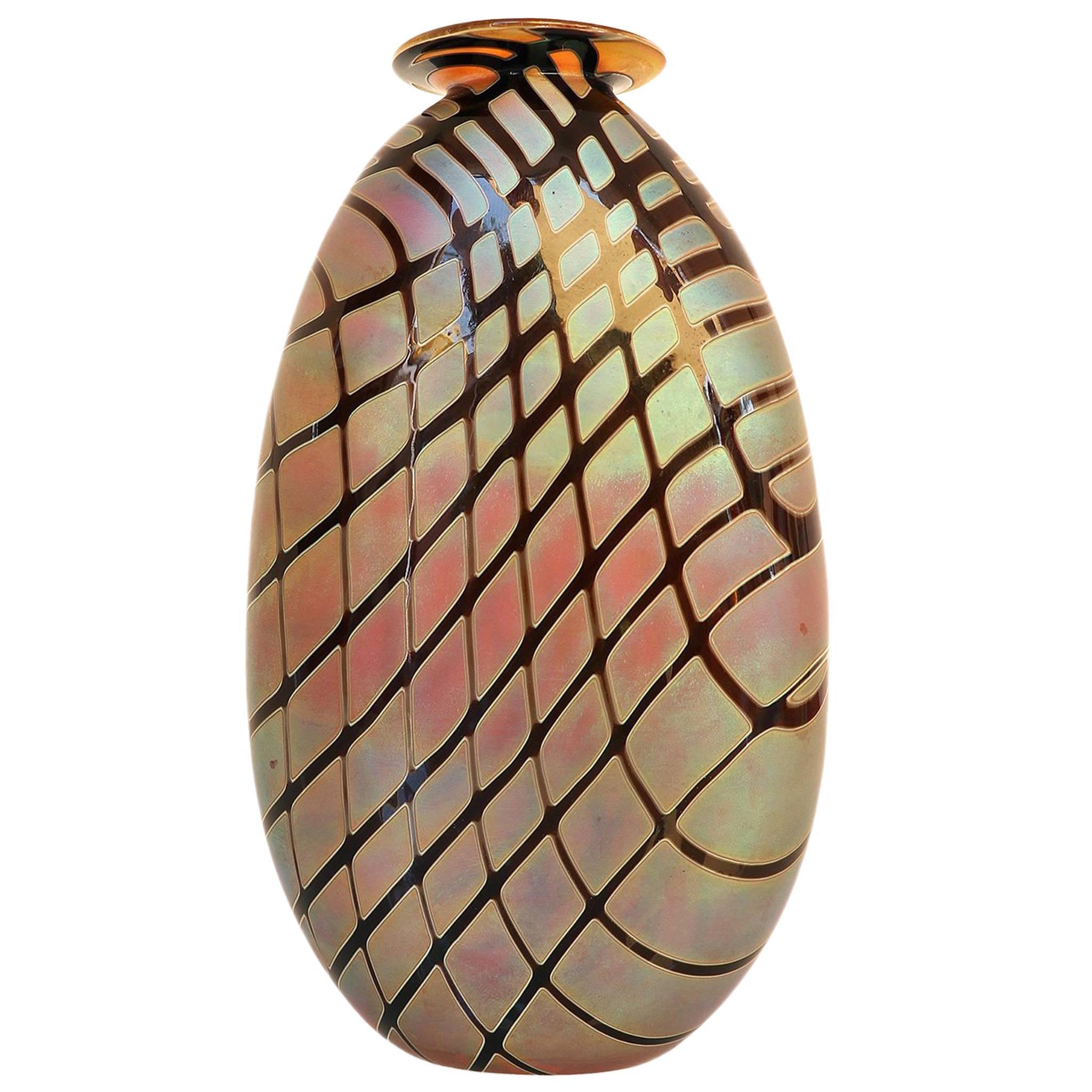 Iridescent Oval Art Glass Vase with Lip by Craig Zweifel, 2003, Signed For Sale