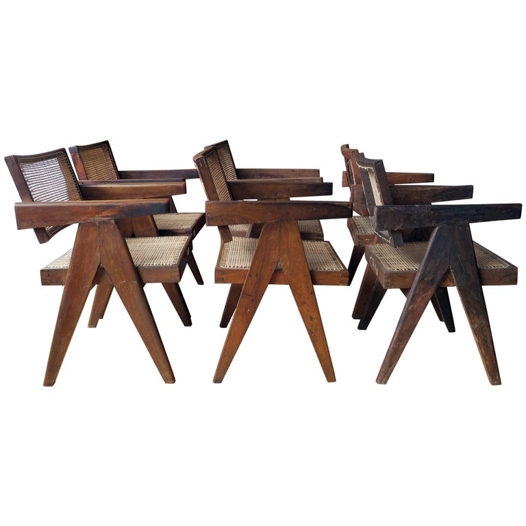 Pierre Jeanneret Set of Six Floating Back Armchairs For Sale