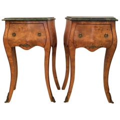 Sublime Pair of French Burl Wood and Green Marble Nightstands