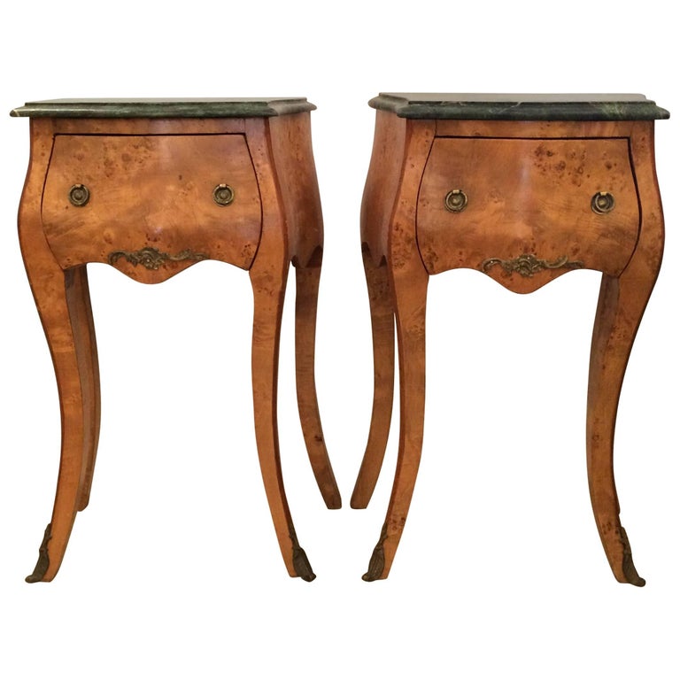 Sublime Pair of French Burl Wood and Green Marble Nightstands at 1stDibs