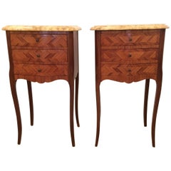 Lovely Pair of French Fruitwood Marquetry and Marble Nightstands