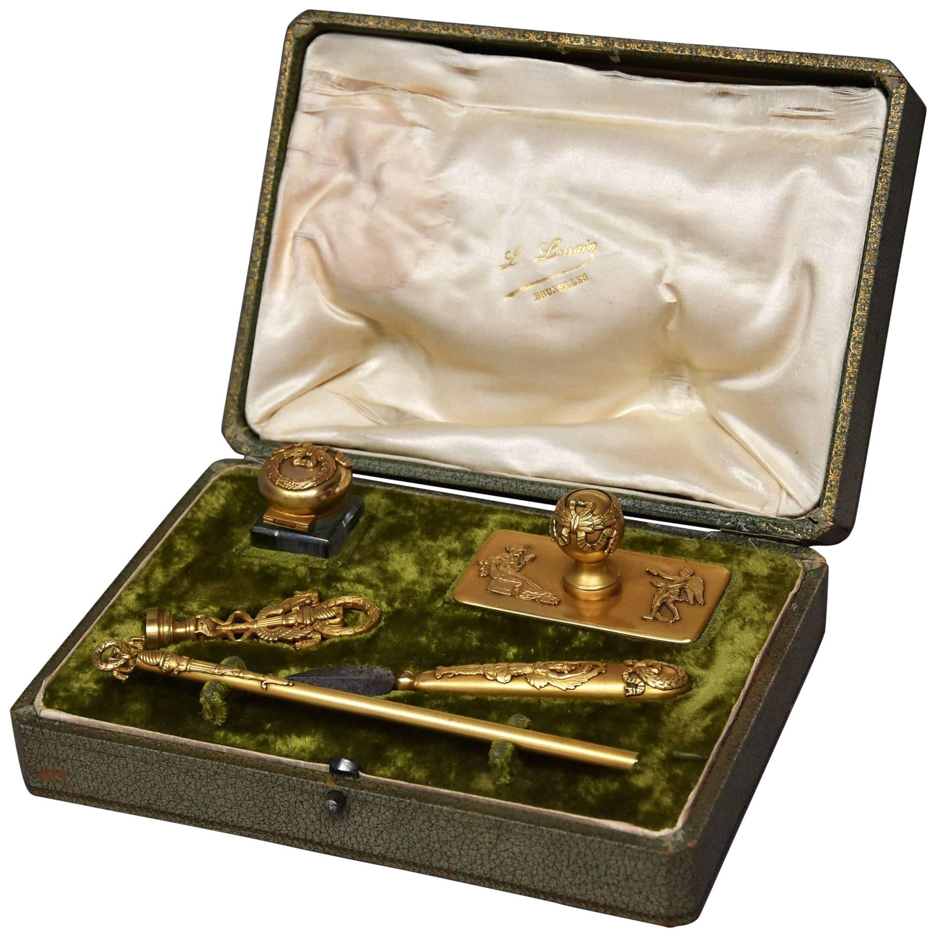 Superb Quality Five-Piece Gilt Metal Writing Set in the Empire Style For Sale