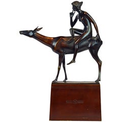 'Young Woman on a Deer' Unique Large Art Deco Bronze Sculpture by Paul Peterich 1