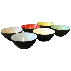 Six Small Krenit Bowls by Herbert Krenchel in Black Metal and Enamel, 1960s