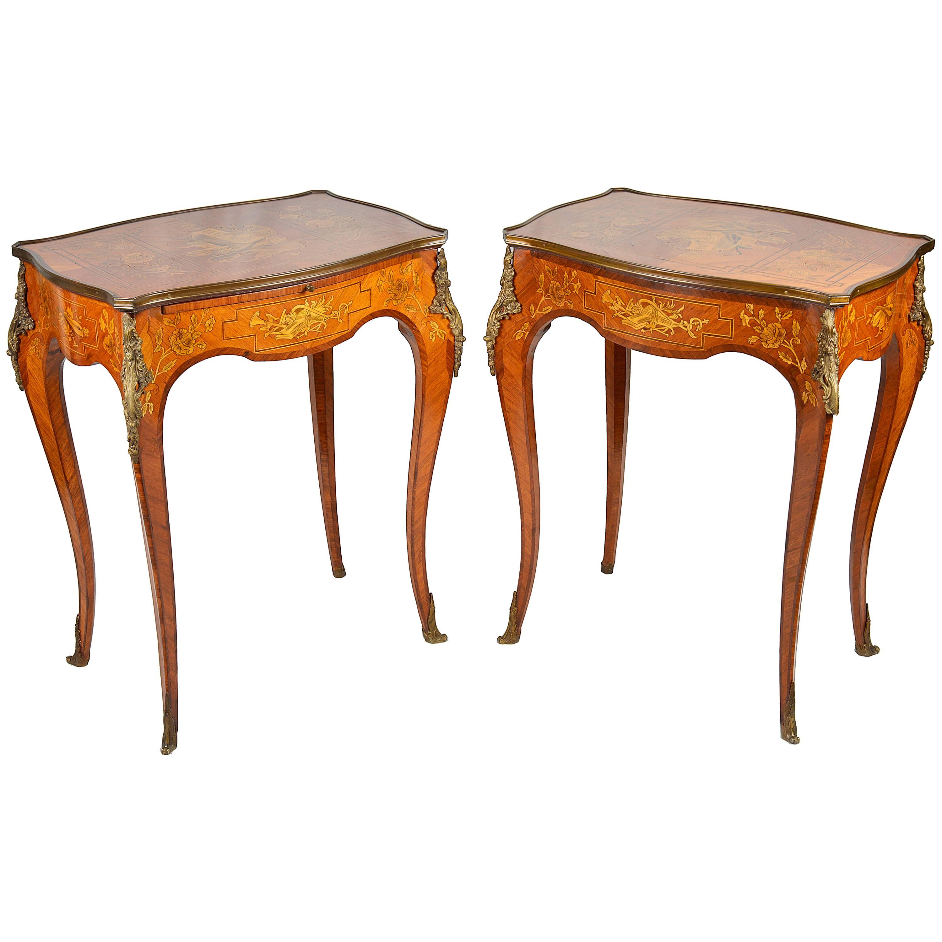 Pair of Louis XVI Style Marquetry Inlaid Side Tables
