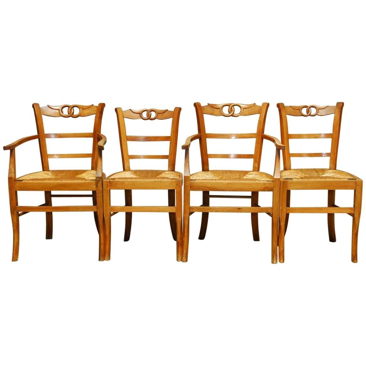 Set of Four French Provincial Rush Seat Dining Chairs