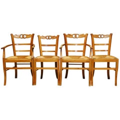 Antique Set of Four French Provincial Rush Seat Dining Chairs