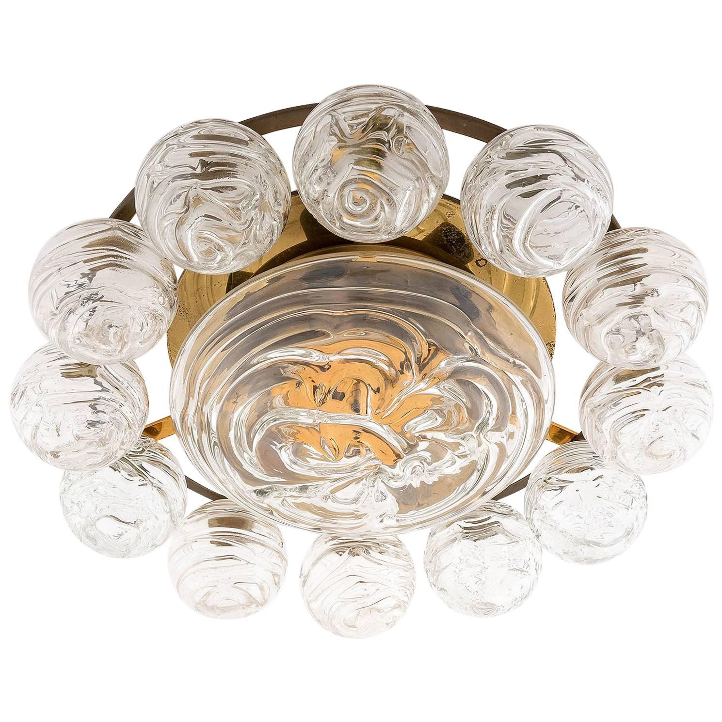 Doria Flush Mount Light, Glass Brass, 1960s